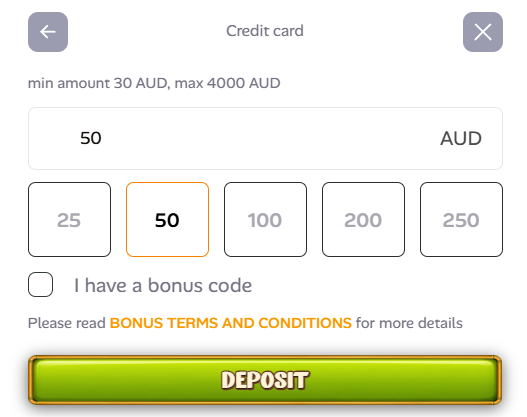 Asino Casino credit card deposit window stating min amount 30 AUD and max 4000 AUD