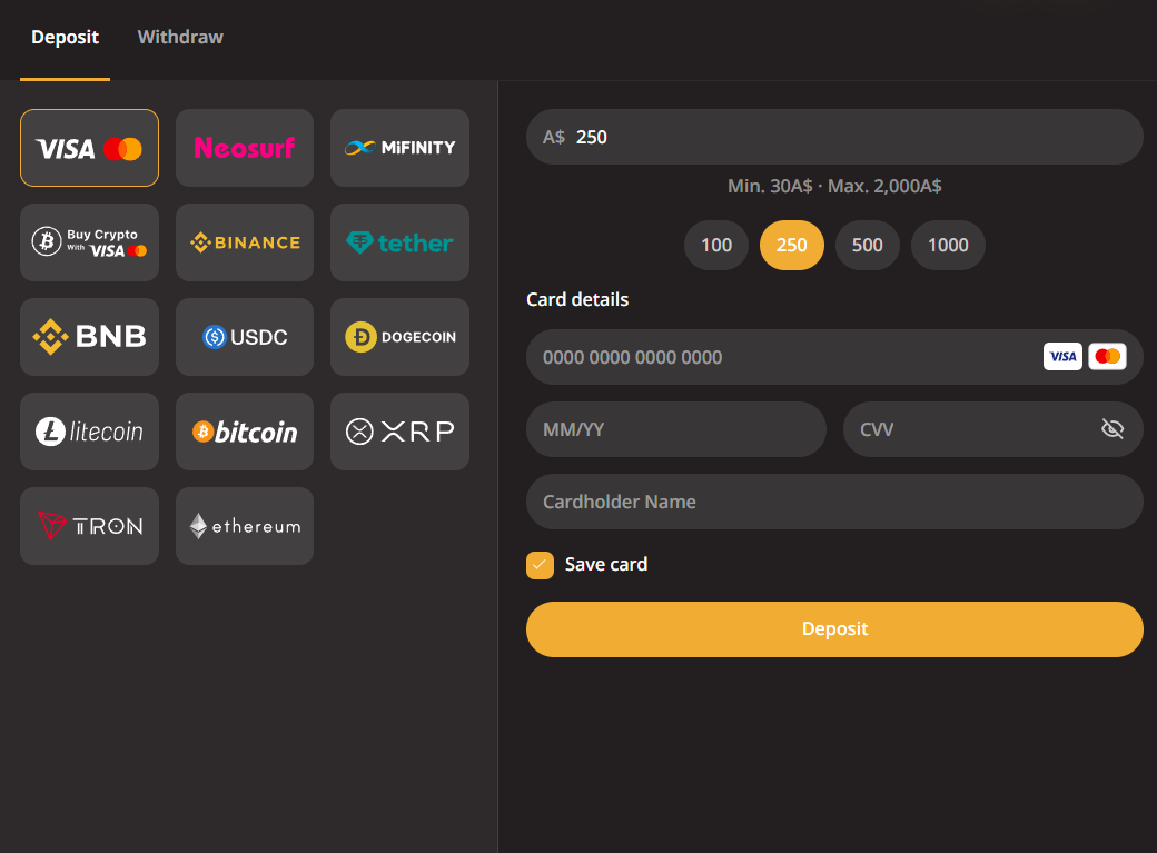 GoldenBet Casino cashier with the Visa Mastercard tile highlighted, Neosurf and MiFinity tiles beside it, and Min 30 A$ Max 2,000 A$