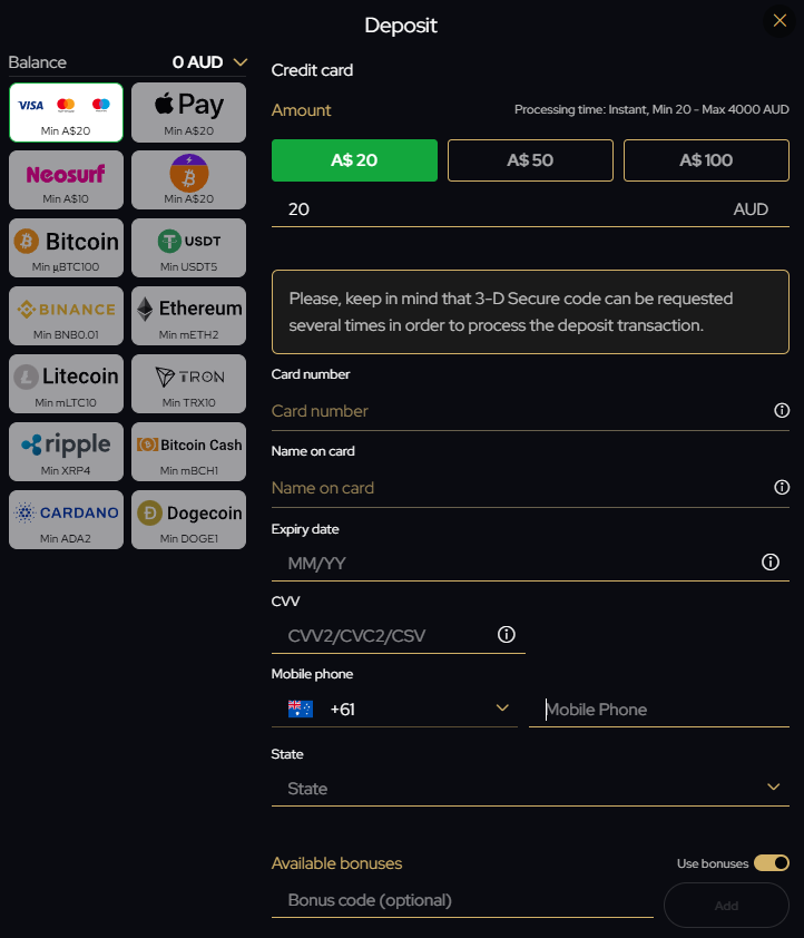 Katsubet Casino deposit page with the Visa Mastercard Maestro tile at min A$20, Neosurf at min A$10, Apple Pay, and a credit card form with min 20 max 4000 AUD