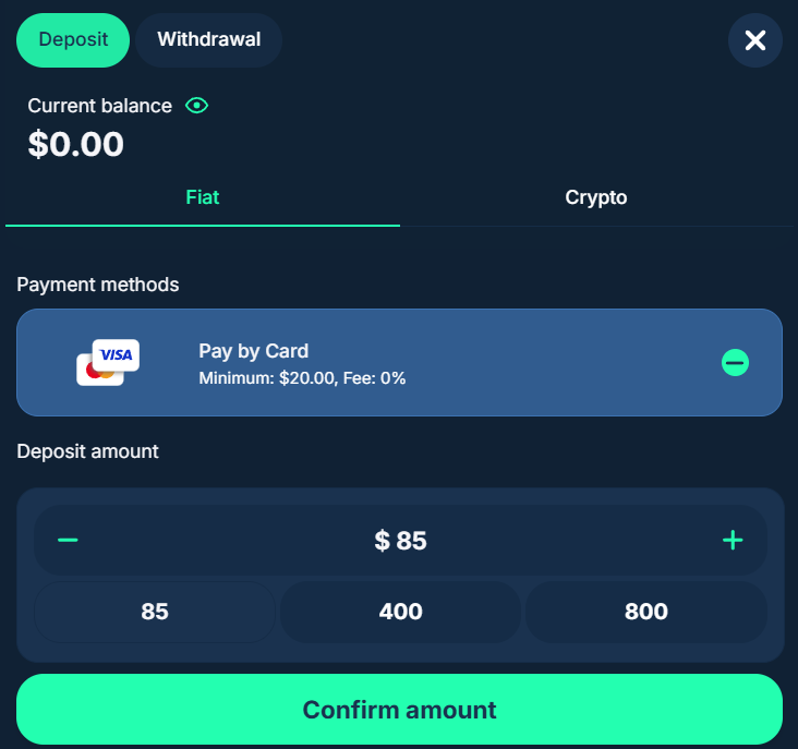 Playzilla Casino fiat deposit tab with a Pay by Card option showing Visa and Mastercard, minimum $20 and fee 0%