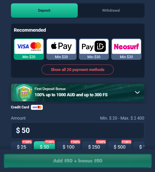 Safe Casino recommended methods: Visa Mastercard min $20, Apple Pay min $20, PayID min $30, Neosurf min $20, with the credit card form below